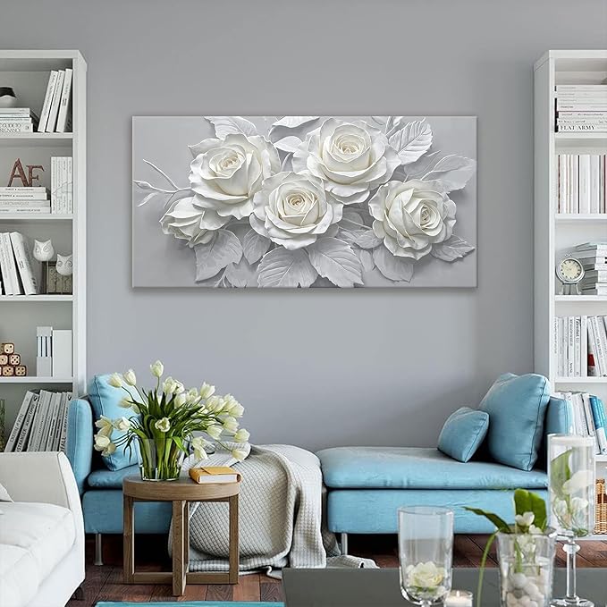 Suconvng Floral Wall Art Living Room Minimalist Painting Aesthetic Wall Decor Modern 24" X 48" Canvas Art Wall Decor White Flower Wall Art Canvas Prints Artwork Pictures For Bedroom Kitchen Artwork