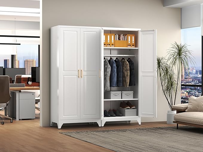 Metal Armoire Wardrobe Closet with Doors and Shelves, 71" Tall Freestanding Wardrobe Cabinet for Hanging Clothes, Large Closet with Hanging Rod for Bedroom, Office, School, Employee, Gym, White