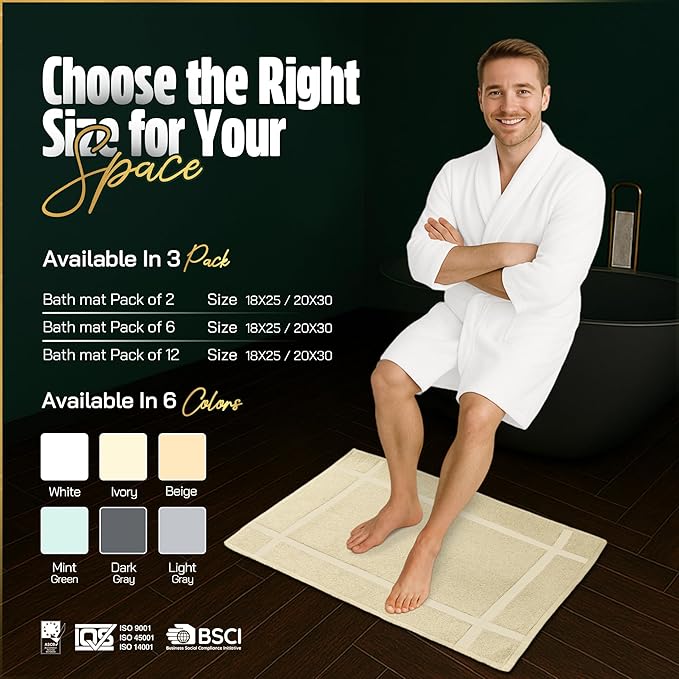 Pearl Linens Pack of 6 100% Cotton Bath Mat 18x25 inches, Soft & Absorbent Quick Dry Bathroom Mat Set, Not Bathroom Rugs, After Shower Mat, Bath Tub Mat, 687 GSM, Machine Washable, Beige