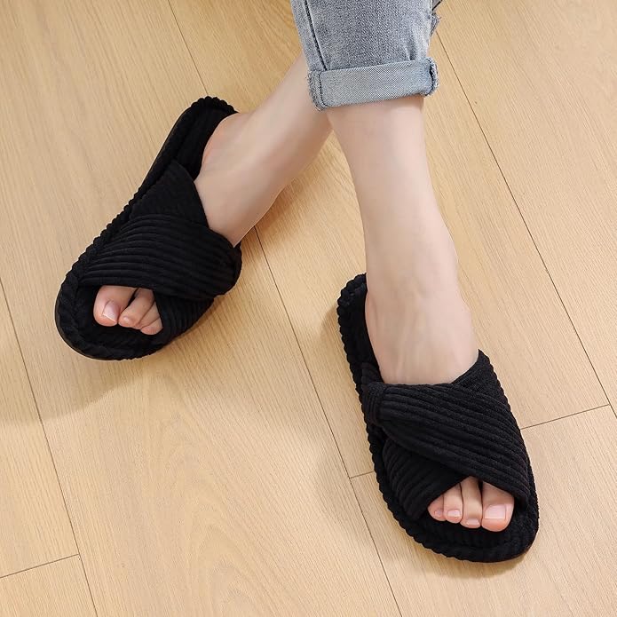 Evshine Fall House Slippers for Women Corduroy Cross Bow Indoor Slippers Open Toe Slip On Bedroom Shoes with Memory Foam