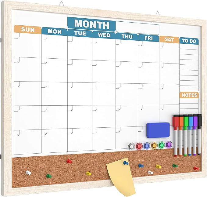 Monthly Calendar Dry Erase Board 24x18 Inch, Double-Sided Whiteboard and Corkboard Combo with White MDF Frame (Color Calendar), Wall Mounted Planner with Marker, Magnet, Push Pin, Eraser