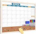 Monthly Calendar Dry Erase Board 24x18 Inch, Double-Sided Whiteboard and Corkboard Combo with White MDF Frame (Color Calendar), Wall Mounted Planner with Marker, Magnet, Push Pin, Eraser
