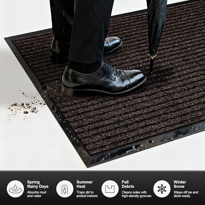 Non-Slip Waterproof Rubber Door Mat, 3' x 5' Commercial Floor Mat for High Traffic Areas, Easy Clean Low Profile, for Entrance, Indoor/Outdoor, Office, Patio, Garage