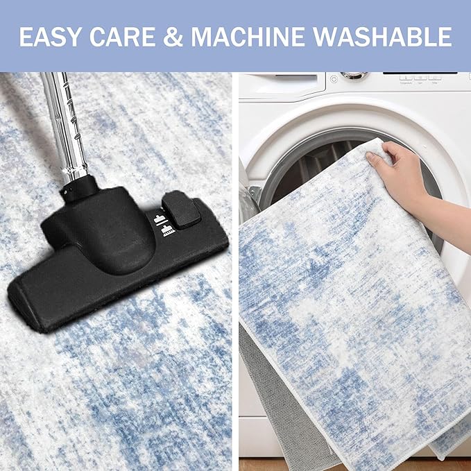 IOHOUZE Abstract Runner Rug 3x12 Ft Washable Runners for Hallways, Non Slip Kitchen Runner Printed Faux Wool Entryway Runner Indoor, Modern Abstract Floor Carpet for Hall Kitchen, Light Blue White