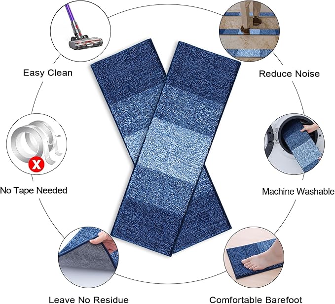 OLANLY Stair Treads Non Slip 15PCS, 8" x 30" Indoor Stair Runners for Wooden Steps, Edging Stair Rugs with Reusable Peel and Stick Adhesive for Kids Elders and Pets, Navy