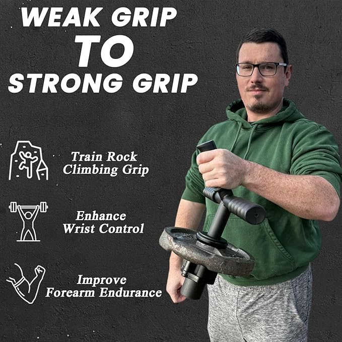 The Strong Arm Forearm & Wrist Strengthener – Adjustable Alloy Steel Grip Trainer with 3 Anti-Slip Finger Sleeves & Clamp, Wrist Roller Bar for Flexion, Extension & Grip Workout