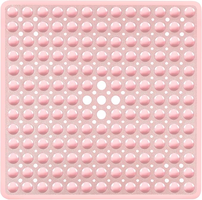 Pink Square Shower Bathtub Mat Non Slip 21x21 Inch, Soft Bath Mat for Inside Shower Tub, Shower Stall Mats for Bathroom Floor with Big Suction Cups Drain Holes, Easy Washable Dry, BPA-Free