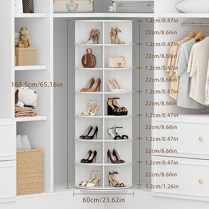 Wooden Rotating Shoe Rack, 7 Tier Spinning Shoe Rack Tower for Closet, Storage Organizer for Entryway, Bedroom, Living Room (Embossed White, 7 Tier)