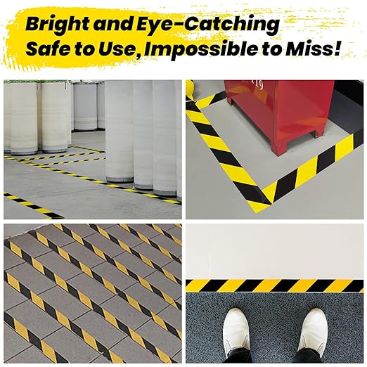ADHES Black & Yellow Hazard Warning Safety Tape, 2 Inch x 35 Yards x 2 Rolls High Visibility Wear Resistant Floor Marking Caution Tape for Indoor & Outdoor, Gym, Factory, Parking, School and More