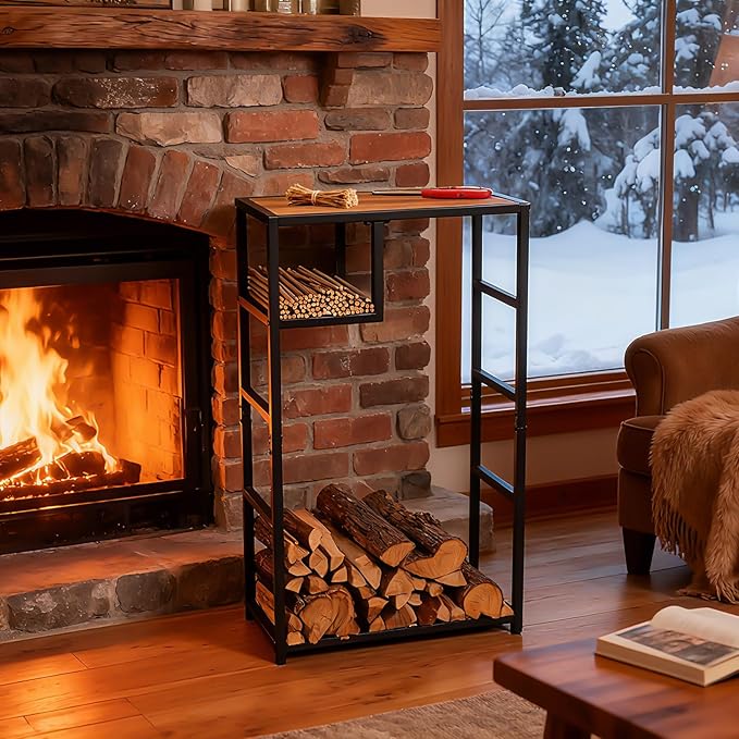 Indoor Firewood Rack - 23 x 39 Inches Durable Firewood Holder for Indoor and Outdoor Use - Elegant Fireplace Storage Solution & Stylish Home Decor