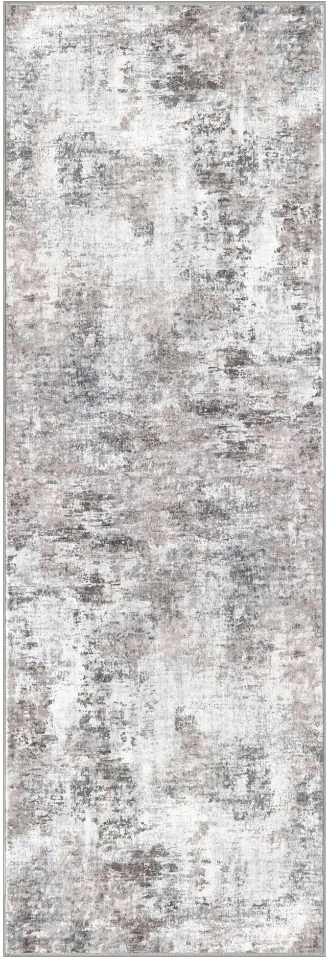 Modern Abstract Runner - 2x5, Beige Grey Washable Kitchen Entryway Rug Mat Non-Slip Soft Neutral Hallway Rug Thin Print Faux Wool Carpet for Bedroom Laundry Room Indoor
