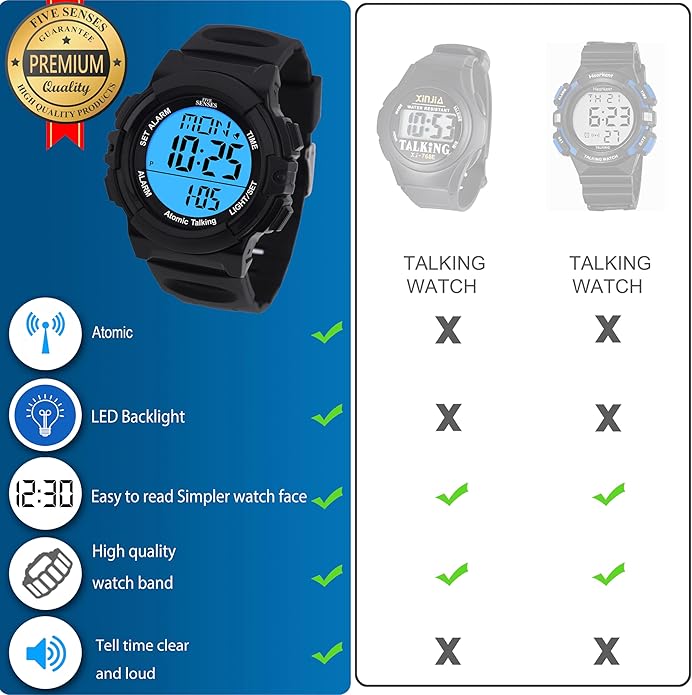 Five Senses Atomic English Talking Watch for Seniors Men and Women Talking with Day-Date Loud Alarm Clock Visually Impaired (Black)