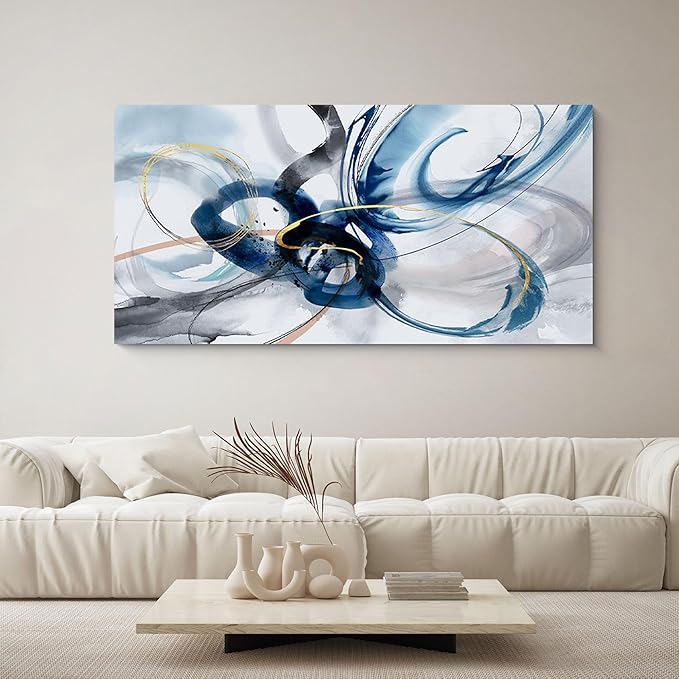 yiijeah Modern Large Abstract Wall Art - Bright and Bold Line Design - Blue and White Canvas Picture Artwork Wall art for living room and office Oversized Abstract wall Decor
