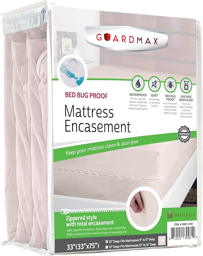 Guardmax Jersey Knitted Cot Size Zippered Mattress Encasement - Waterproof & Bed Bug Proof Mattress Protector - Comfortable, Soft, and Noiseless Zippered Bedding - Dust Mite Proof (33 x 75 x 10)