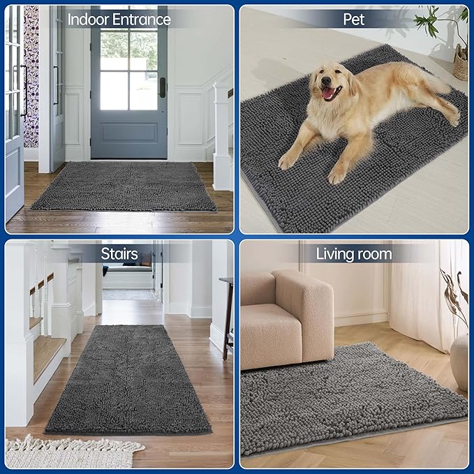 Chenille Absorbent Front Door Mat 72" x 48", Dog Door Mat for Muddy Paws, Trap Dirt Doormat, Mud Mat for Dogs, Washable Non Slip Outdoor Indoor Doormats for Entryway, Grey