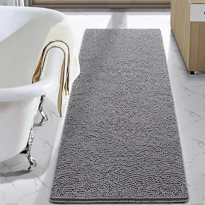 LOCHAS Luxury Bathroom Rug Shaggy Bath Mat 24 x 48 Inch, Washable Non Slip Bath Rugs for Bathroom Shower, Soft Plush Chenille Absorbent Carpets Mats, Gray