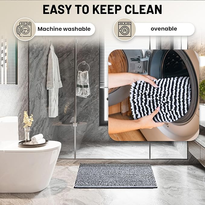 Ultra-Soft Bathroom Rug Set, 2-Piece – Absorbent, Non-Slip, Machine Washable Bath Mats for Bathroom, Shower, Sink, Kitchen （20" x 32" + 17" x 24"） Black White
