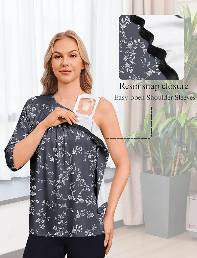 Deyeek Post Shoulder Surgery Shirt for Women Chemo Tear Away Shirt Snap Button 3/4 Sleeve Recovery Adaptive Clothing