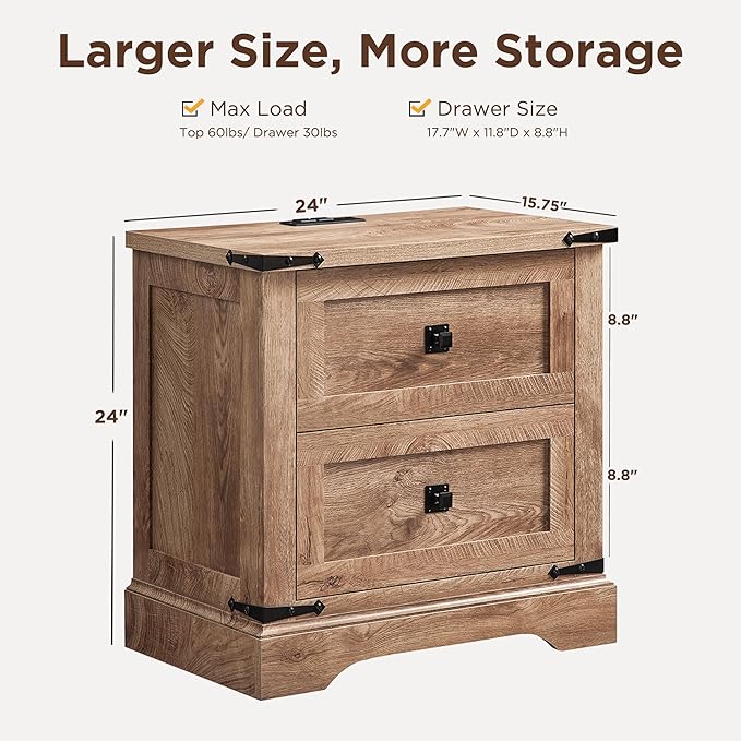 T4TREAM 24" Farmhouse Nightstand with Charging Station Set of 2, Large End Table with 2 Storage Drawers, Rustic Wood Sofa Bedside Table for Bedroom, Light Knotty Oak