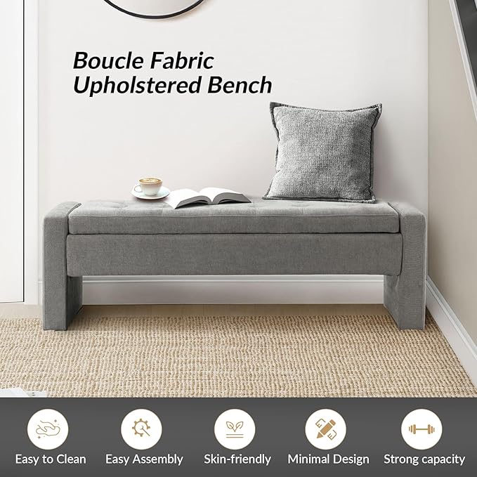 55" Modern Upholstered Storage Bench with Tufted Seat, Fabric Ottoman Bench for Bedroom, Entryway, or Living Room, Soft Close Hinge,Grey