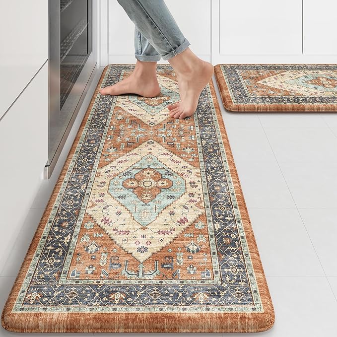 KIMODE Anti Fatigue Kitchen Mat for Floor, Boho Orange Kitchen Rugs Sets of 2, Cushioned Kitchen Floor Mats, Fall Kitchen Rugs Non Slip for Halloween Sink Laundry Desk Home 17"x47"+17"x29"