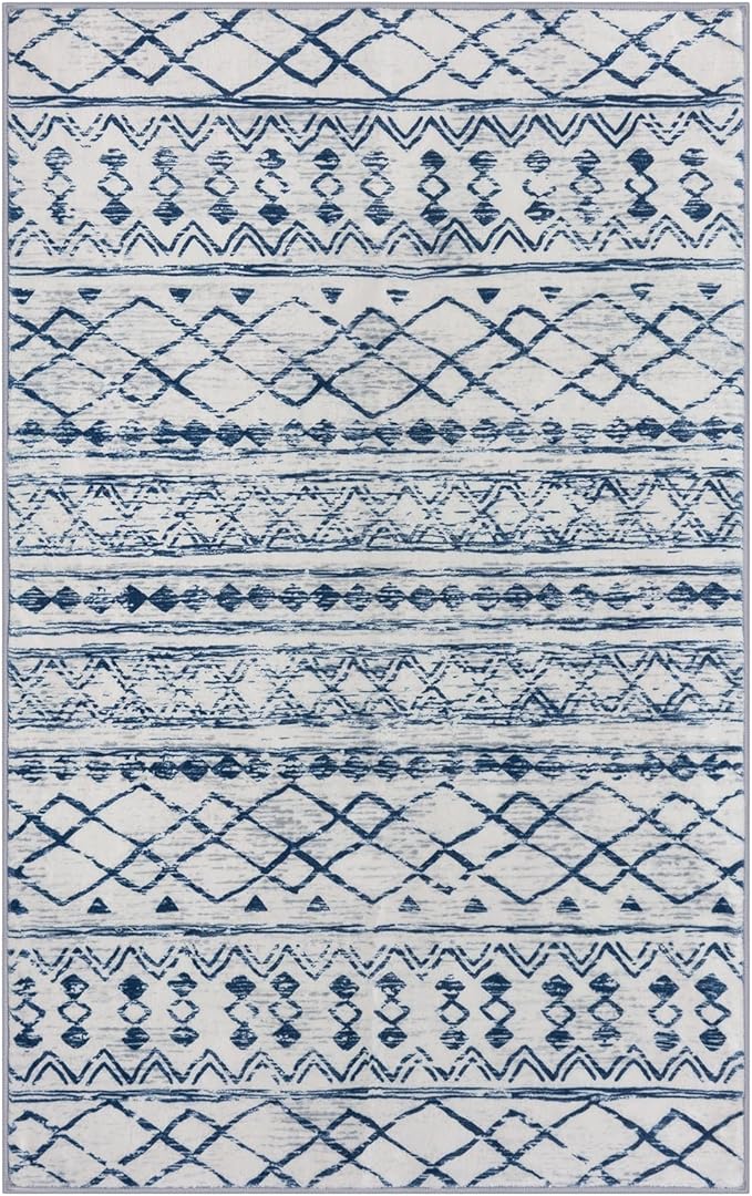 KUTA Vintage Boho Washable Rugs 3x5, Moroccan Non Slip Entryway Rug, Blue White Ultra Soft Print Distressed Geometric Low-Pile Area Rug for Living Room Bedroom Nursery Dorm Decor