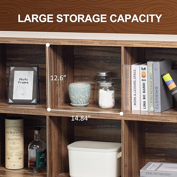 8 Cube Storage Organizer Bookshelf, Industrial Horizontal Bookcase, Accent Cubby Shelf, Media Console Table for Living Room, Home Office, 13.6" D x 63" W x 30.9" H, Light Oak