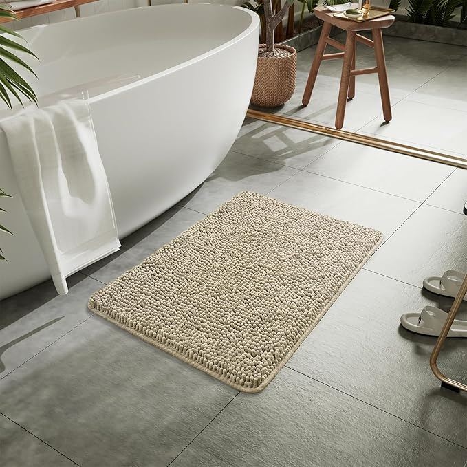 LOCHAS Luxury Bathroom Rug Shaggy Bath Mat 20 x 30 Inch, Washable Non Slip Bath Rugs for Bathroom Shower, Soft Plush Chenille Absorbent Carpets Mats, Beige