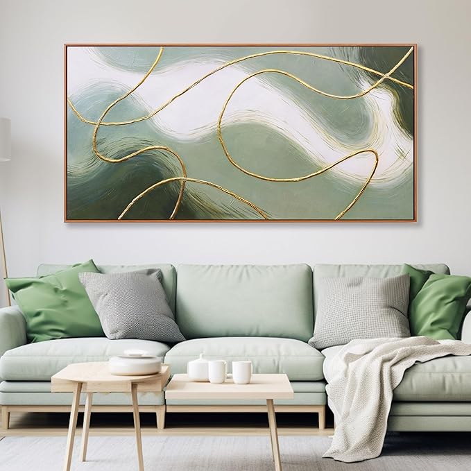 Abstract Wall Art Minimalism Green White and Gold Lines Boho Canvas Wall Decor Framed Artwork Modern Home Wall Decor for Living Room Bedroom Office 20"x40"