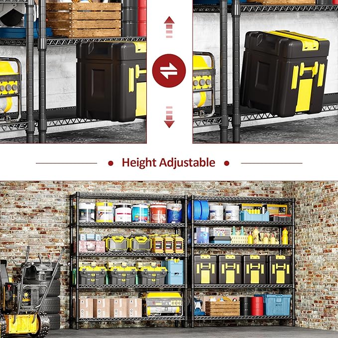 IZEUK 5-Tier Adjustable Heavy Duty Metal Storage Shelving Unit, Wide Utility Rack Organizer for Garage, Basement, Kitchen, Office, Warehouse (Black, 17.7" D x 59.1" W x 70.9" H)