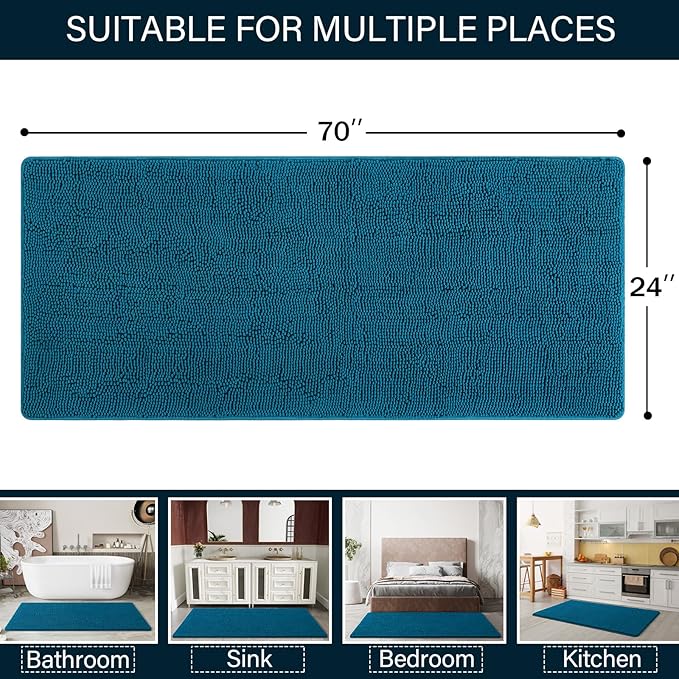 LOCHAS Luxury Bathroom Rug Shaggy Bath Mat 24 x 70 Inch, Washable Non Slip Bath Rugs for Bathroom Shower, Soft Plush Chenille Absorbent Carpets Mats, Peacock Blue