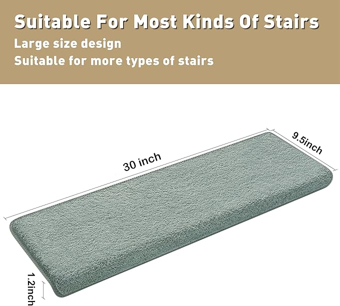 PURE ERA Carpet Stair Treads Ultra Plush 9.5" X 30"Soft Bullnose Indoor Stair Protectors Pet-Friendly Non-Slip Skid Resistant Tape Free Washable Reusable(2 Pieces,Greenish Gray)