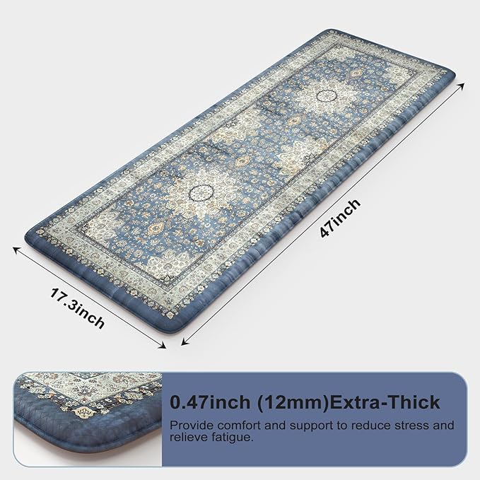 Collive Cushioned Kitchen Floor Mats, Anti Fatigue Kitchen Mats for Floor Non Slip Waterproof Sink Rugs, Comfortable Standing Desk Mat for Office, Laundry Room, 17"x47"-Blue
