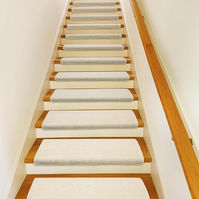 PURE ERA Bullnose Carpet Stair Treads Set Tape Free Non-Slip Indoor Stair Protectors Pet Friendly Rugs Covers Soft Skid Resistant Washable Reusable 9.5" x 30"(2 Pieces,Light Beige)