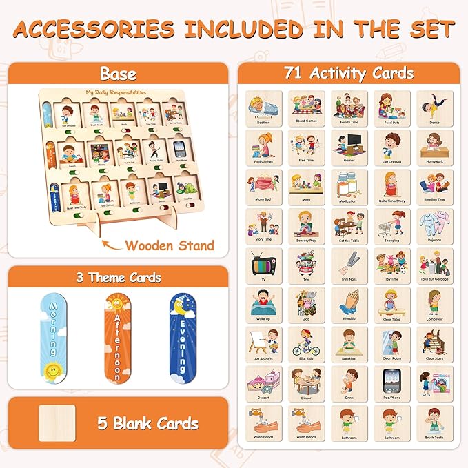 ABCxGOOD Wooden Visual Schedule for Kids Chore Chart, Morning Bedtime Daily Routine Chart for Toddlers, Autism Learning Materials for Homeschool Classroom,76 Wooden Cards.