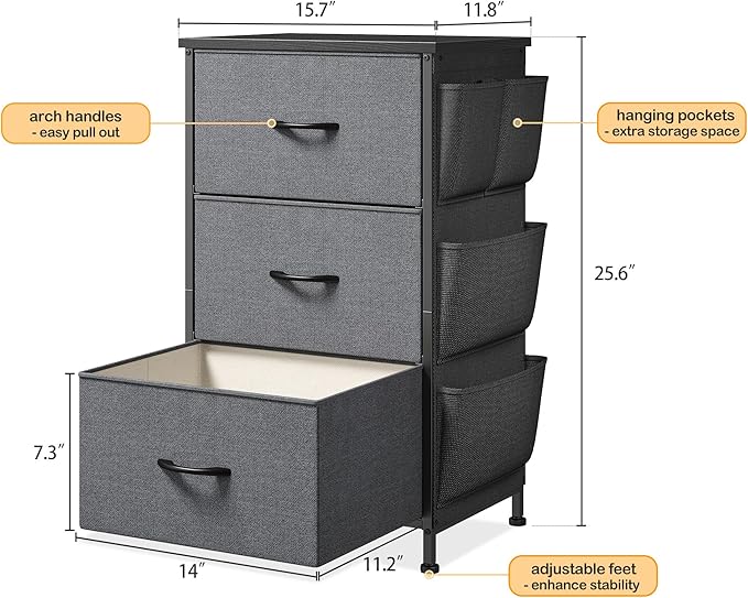 Tall Nightstand, Night Stand with Drawers for Bedroom, Bedside Table with Wooden Top, Sturdy Steel Frame End Table, Dorm Nightstand for Bedroom, Entryway, Hallway, Closet, Cloth Bags, Hooks, Grey