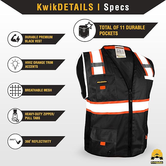 KwikSafety - Charlotte, NC - UNDERBOSS Safety Vest [11 POCKETS] Premium ANSI Class Unrated High Visibility Vest Construction Surveyor Reflective Vest Industrial Work Safety Vest for Men/Black Medium