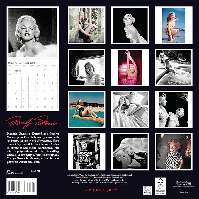 Graphique 2026 Marilyn Monroe Wall Calendar | 12” x 12” | Thick Paper | Home & Office Organizer | Large Monthly Grid | 3 Languages & Marked Holidays | 4 Month Preview Page for 2027