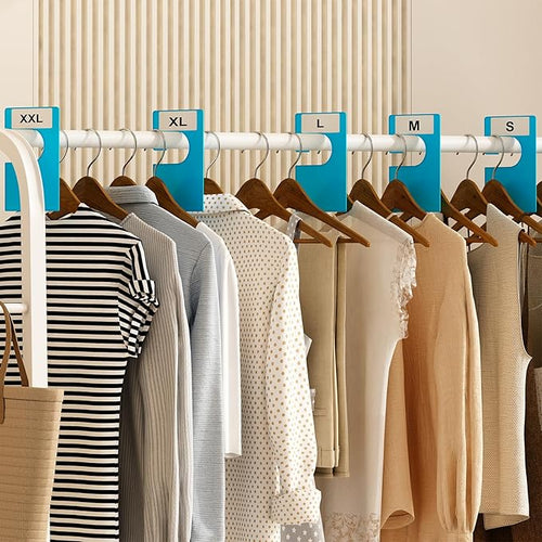 16 Pack White Clothing Rack Size Dividers Plus 45 Labels (1 Inch) and 18 Large Blank Labels, Large Rectangular Clothing Closet Dividers (Blue)