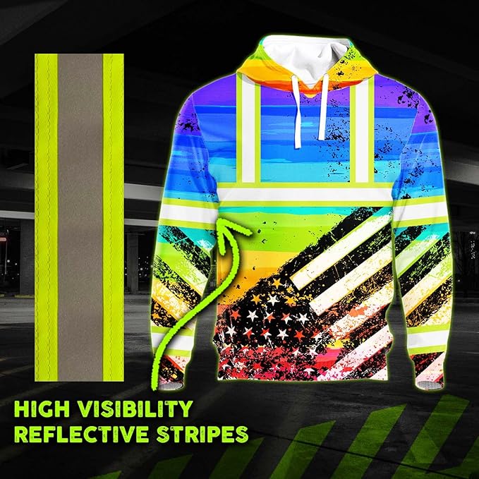US Flag High Visibility Hoodie for Men Reflective Hoodie Safety Workwear for Worker Runner Patriotic ACC02