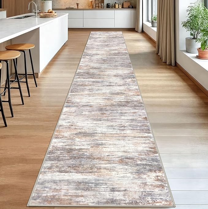 KOZYFLY Modern Abstract Washable Long Runner Rug 2.6x18 Hallway Rug Runner Non-Slip Soft Kitchen Runner Rugs, Multi Grey 18 Foot Carpet Runners for Stair Entryway Bathroom Laundry Room Foyer