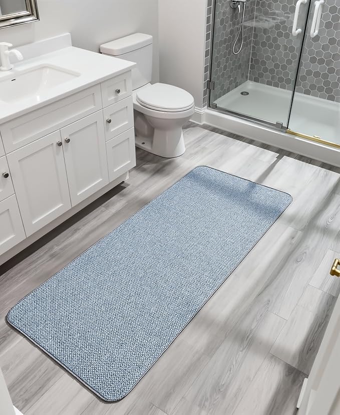 Bath Mat,Ultra Thin Bathroom Runner Rugs,Large Bath Mats for Bathroom,Quick Dry,Non-Slip,Machine Washable,Low Pile,Bath Rug,Shower Outside,Sink,Home Decor Accessories.Blue,1'9"x3'11"（21x47inch）