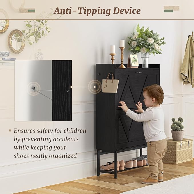 Narrow Shoe Storage Cabinet with 2 Flip Drawers & Adjustable Shelf for Entryway, Freestanding Hidden Slim Shoe Organizer Rack, Black