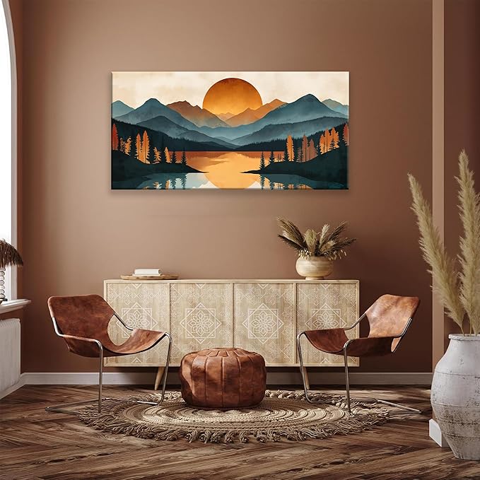 Suconvng Mountain Boho Wall Art For Living Room Prints Canvas Art Wall Decor For Office Home Wall Decorations Picture For Bedroom Forest River Landscape Prints Paintings Pictures Artwork 24 X 48 In