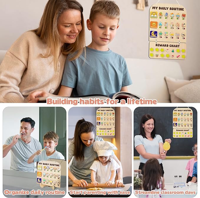 2-in-1 Chore Chart for Kids Toddler & Teens, Montessori Wooden Routine Responsibility Board, Visual Schedule, Reward System for ADHD Autism, Daily Morning & Bedtime Checklist, 11.3''x17.7''