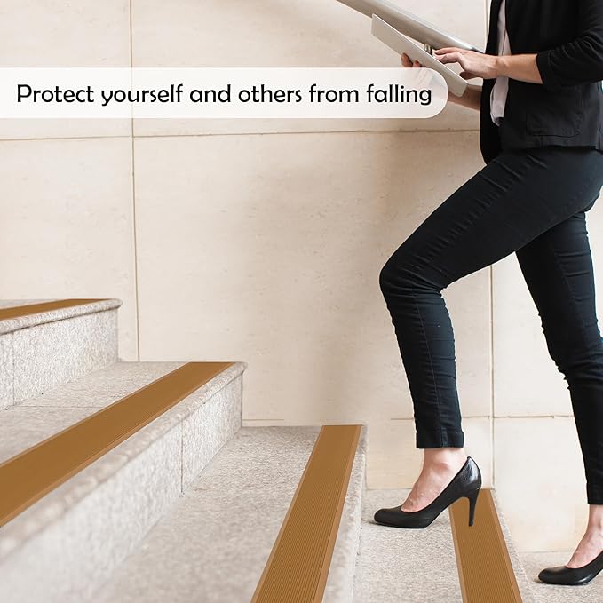 Rubber Bond 4x36in Anti Slip Stair Treads (5-Pack) - Waterproof Outdoor/Indoor Heavy Duty Non-Skid Tape for Stairs - Adhesive Rubber Grip Strips for Steps & Ramps - Brown