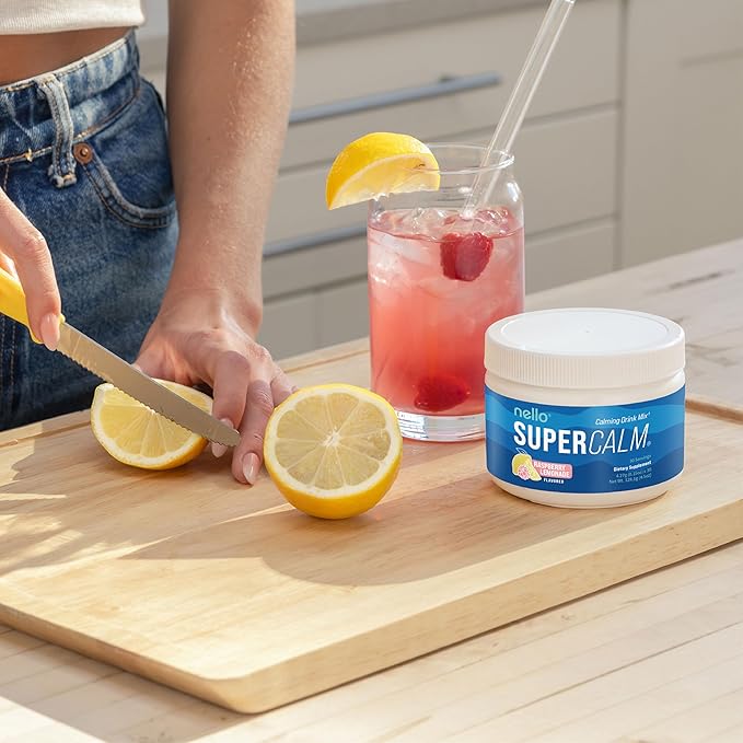Nello Supercalm Powdered Drink Mix Tub, Cortisol Reducer*, Sleep Aid Supplement, L Theanine, Ksm-66 Ashwagandha, Magnesium Glycinate, Vitamin D 3, No Sugar, Non GMO, 30 Ct, Raspberry Lemonade