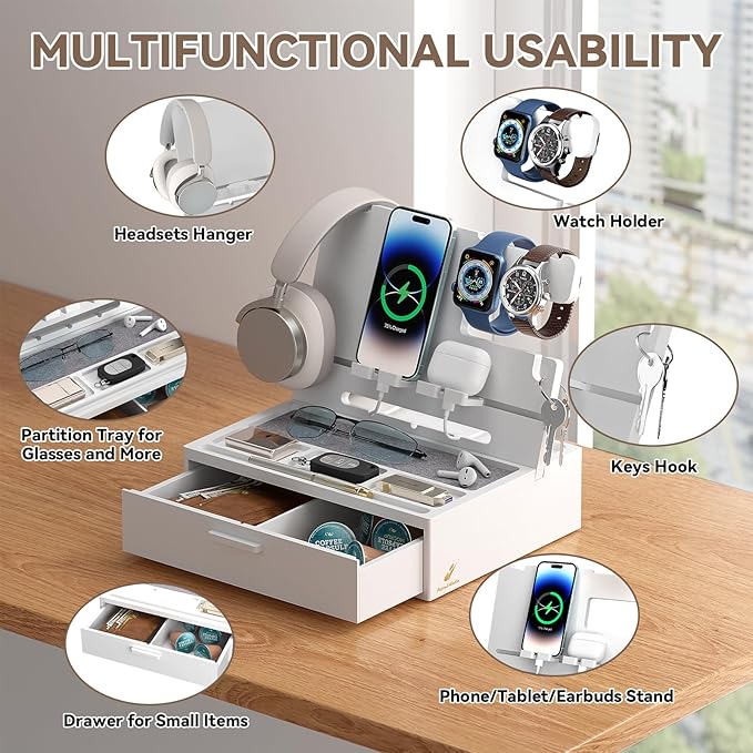 Pezin & Hulin Wooden Charging Station, Bedside Nightstand Tray, with Spacious Drawer, Felt Pads for Phones, Watch, Idea Gifts for Him Birthday, Son, Christmas for Papa Fathers Day (White)