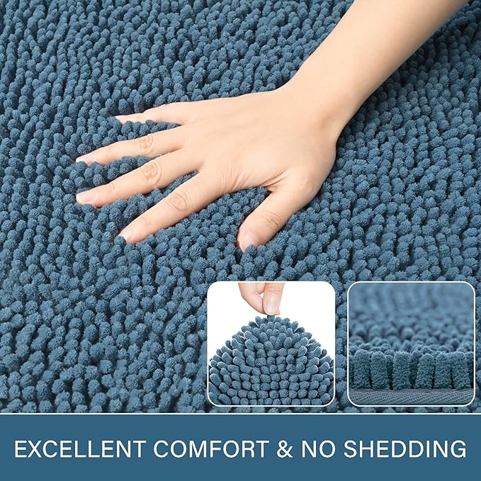 LOCHAS Luxury Bathroom Rug Shaggy Bath Mat 24 x 60 Inch, Washable Non Slip Bath Rugs for Bathroom Shower, Soft Plush Chenille Absorbent Carpets Mats, Denim Blue