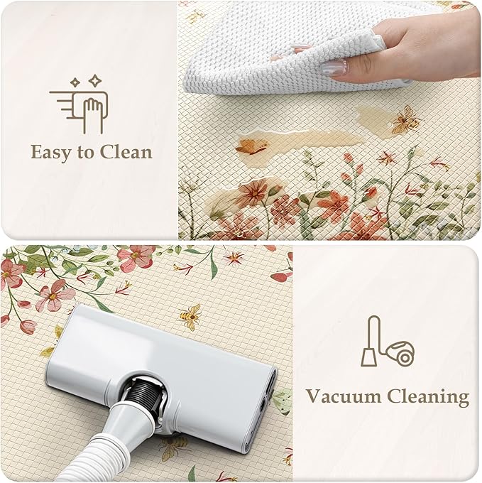 KIMODE Anti Fatigue Kitchen Mats for Floor 2 Piece, Cushioned Floral Kitchen Rugs, Memory Foam Kitchen Floor Mats, Summer Standing Desk Mats for Laundry Office Sink Beige 17"x47"+17"x29"